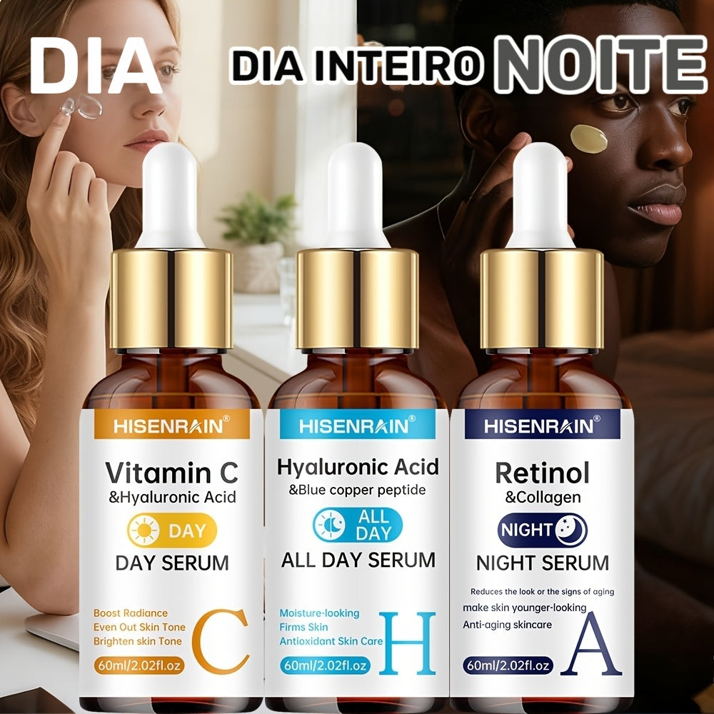 Kit de Srum Facial Dia e Noite com Vitamina C cido Hialurnico e Retinol  3 Peas para Hidratao Firmeza e Luminosidade